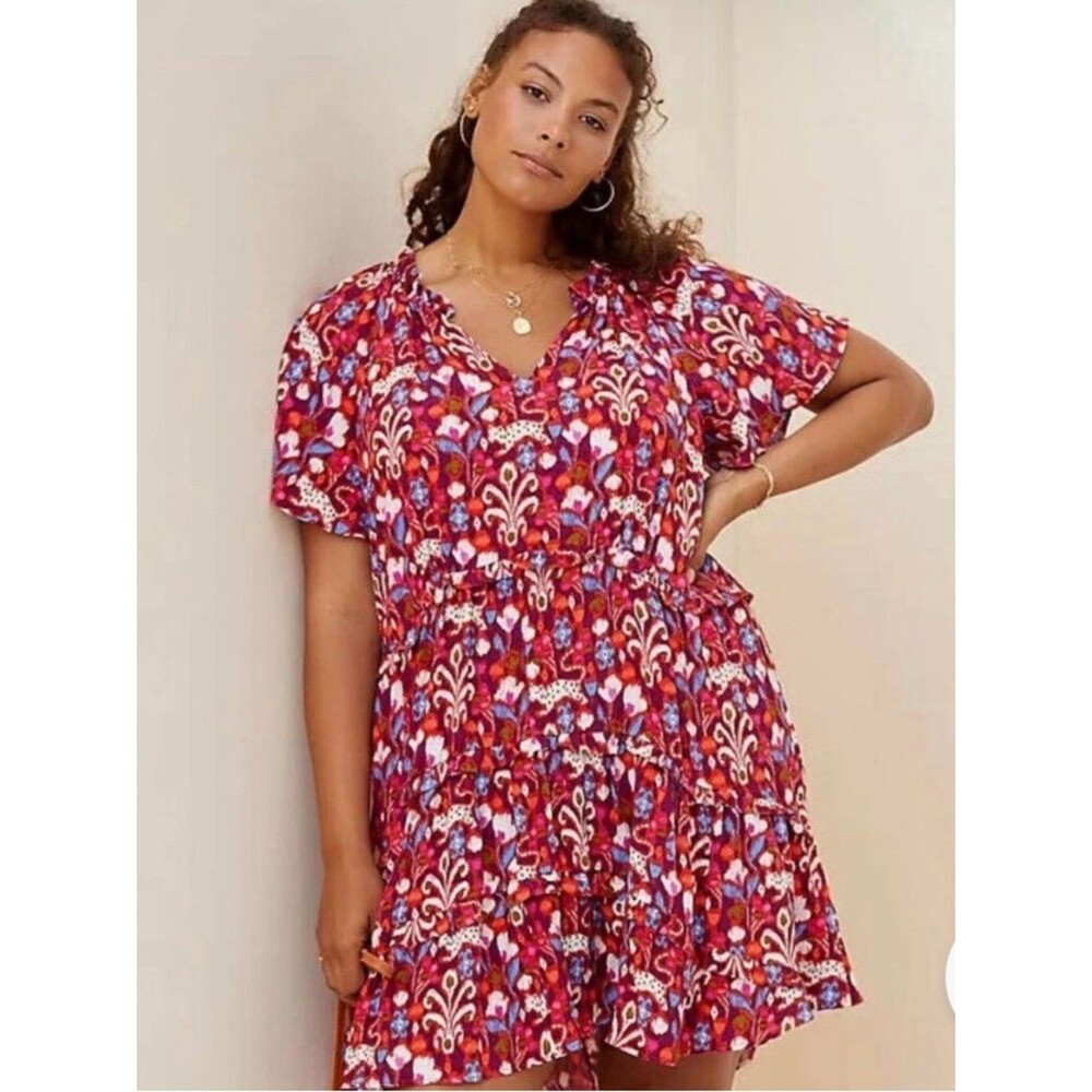 Anthropologie Robin tiered mini dress with ruffles. Vibrant print. Sz S.
